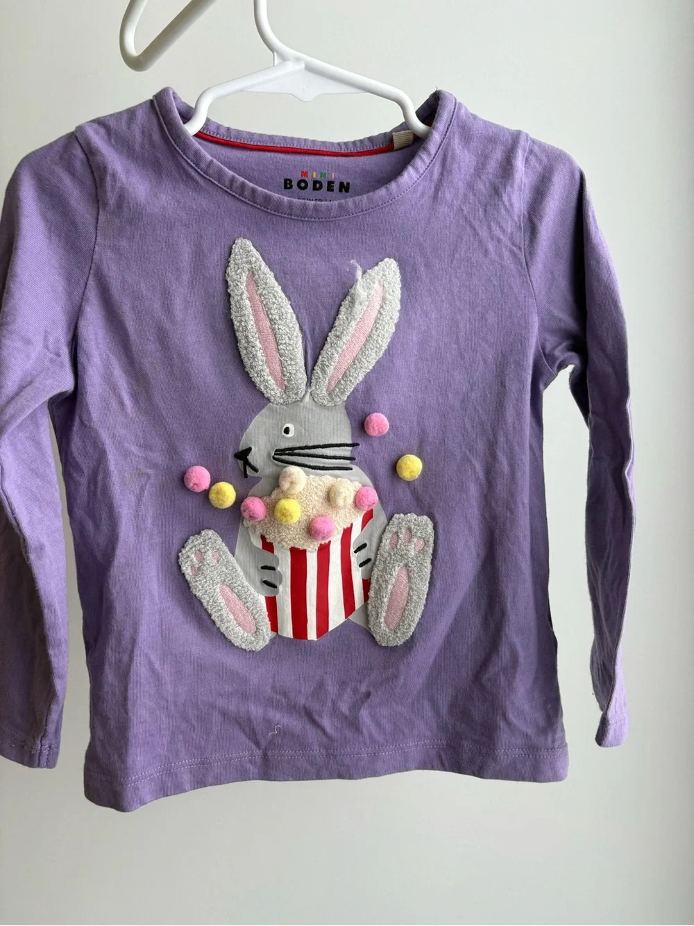 Mini Boden Lavender Long-Sleeve Tee with Bunny Popcorn Applique, Girla